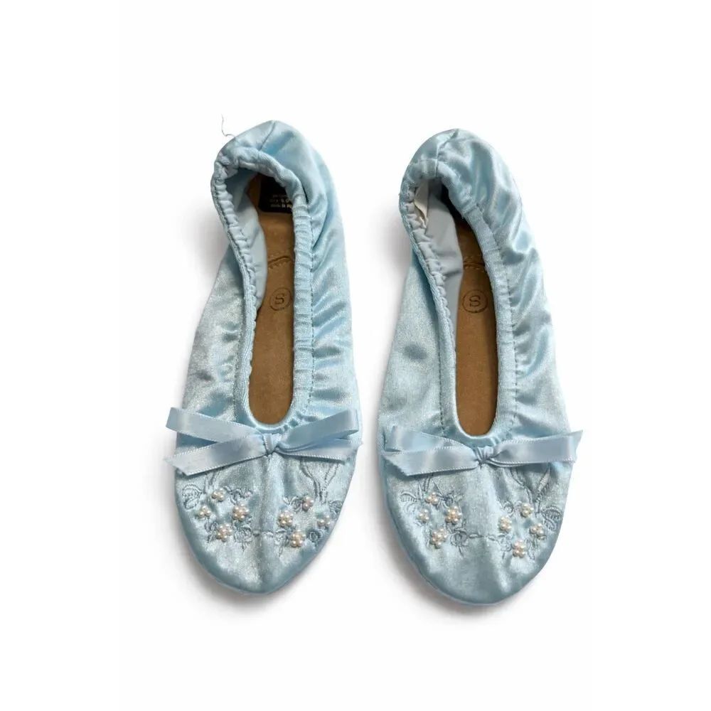 Vintage Isotoner Slippers, Blue Faux Pearl Bow Detail Small 5-7